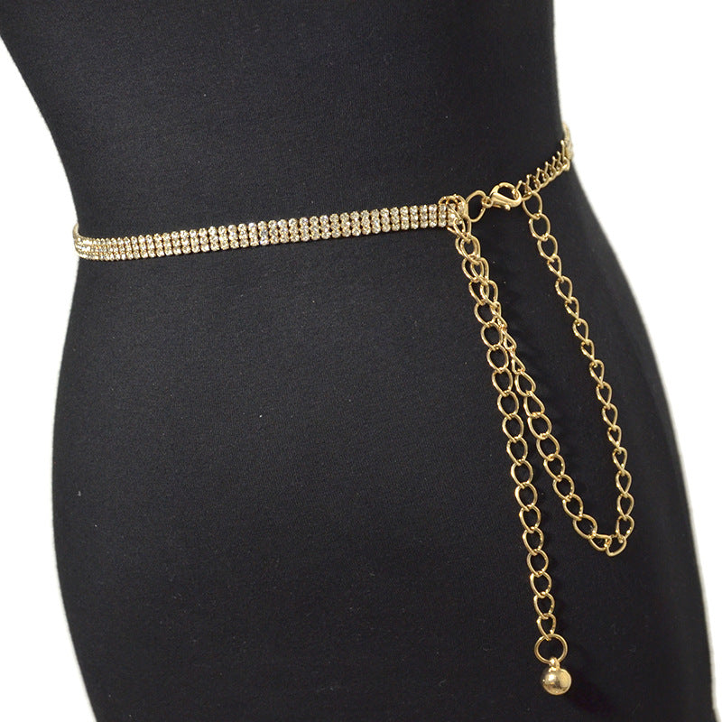 Women's Fashion Full Jewel Metal Waist Chain Sweet Three Belts