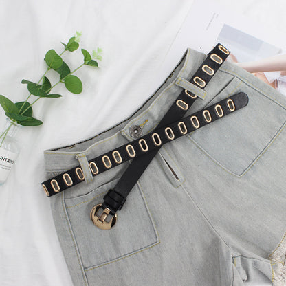 Women's Porous Round Buckle Jeans Strap Golden Belts