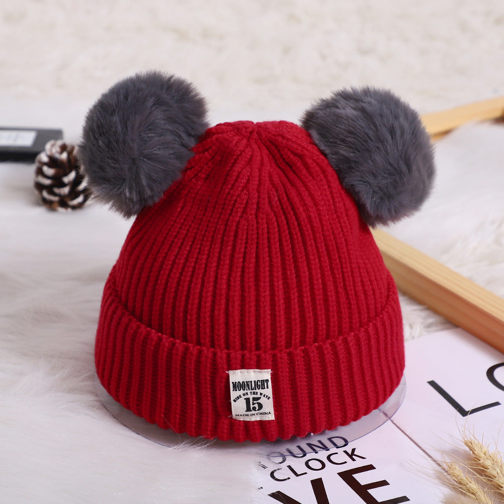 Children's Cartoon Double Ball Knitted Autumn Hat Kids' Headwear