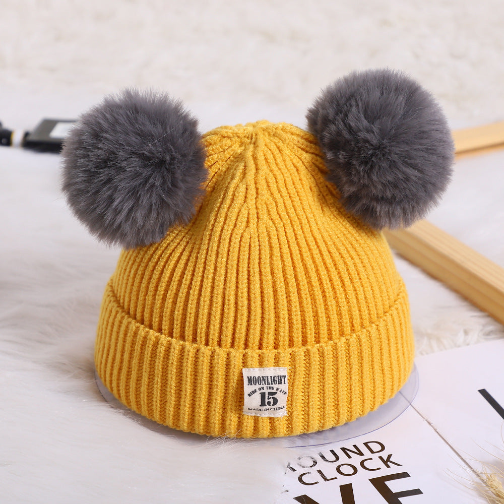 Children's Cartoon Double Ball Knitted Autumn Hat Kids' Headwear