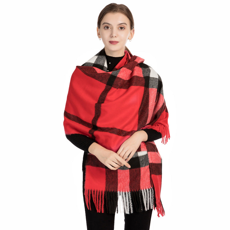 Women's Large Plaid Tassel Shawl Fashionable Warm Scarfs