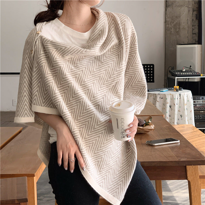 Women's Korean Button Striped Shawl Thickened Warm Scarfs