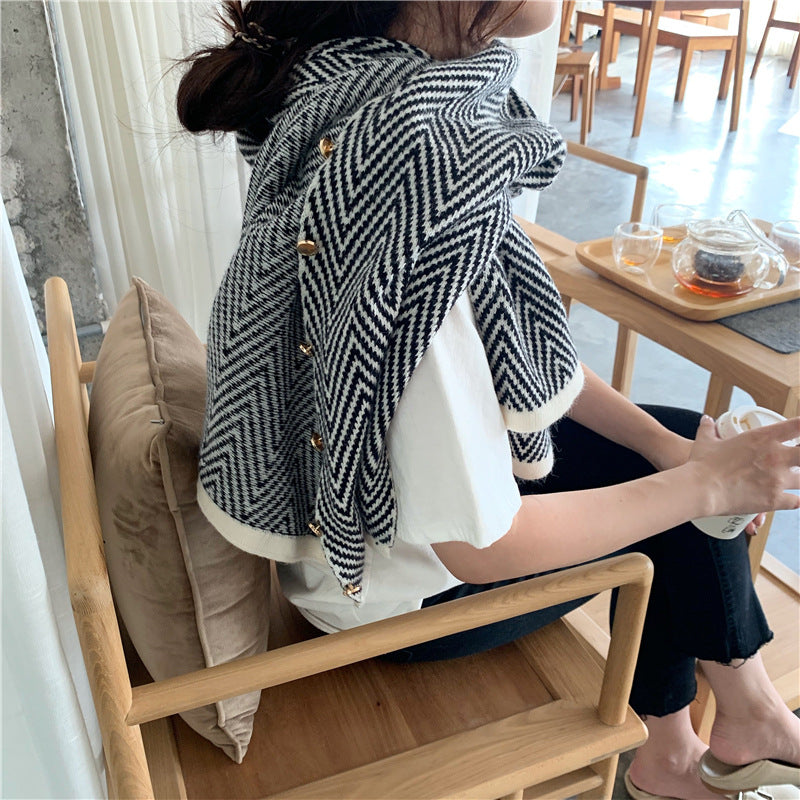 Women's Korean Button Striped Shawl Thickened Warm Scarfs