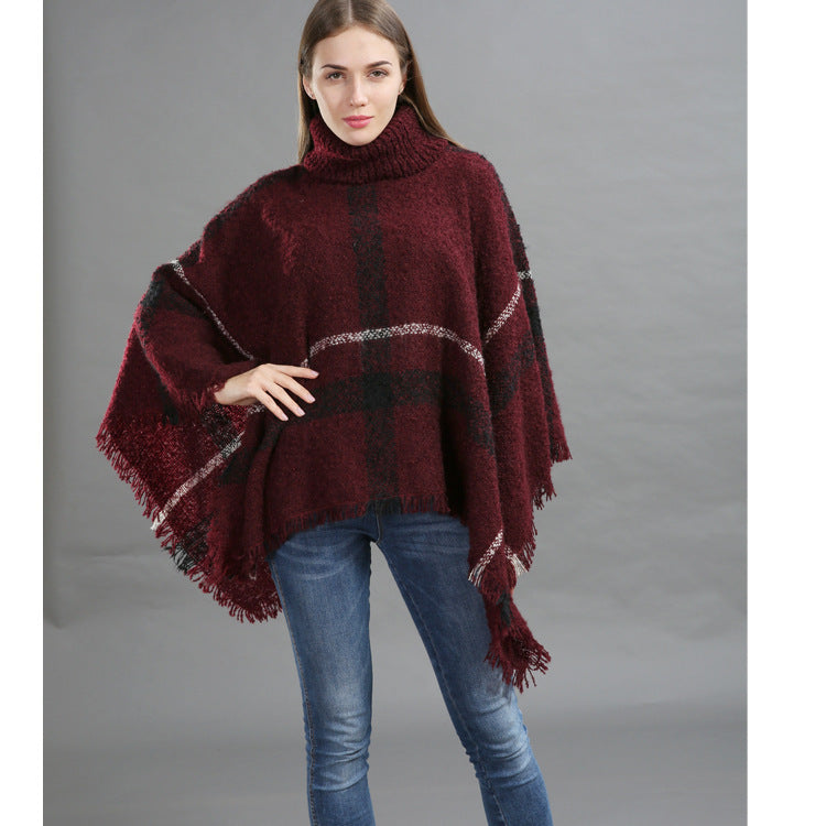 Women's Size Loose Shawl Cloak Turtleneck Plaid Warm Scarfs