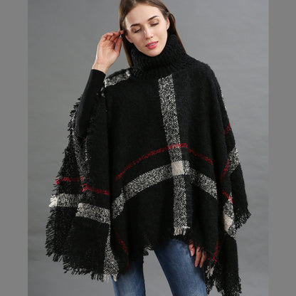 Women's Size Loose Shawl Cloak Turtleneck Plaid Warm Scarfs