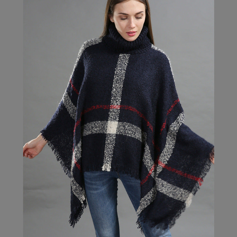 Women's Size Loose Shawl Cloak Turtleneck Plaid Warm Scarfs