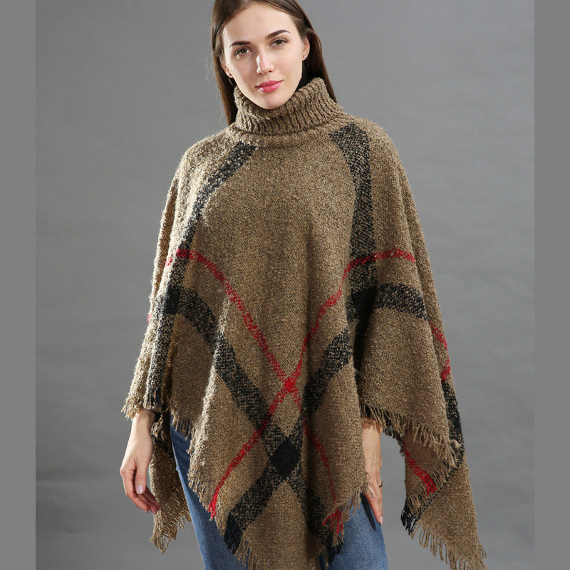 Women's Size Loose Shawl Cloak Turtleneck Plaid Warm Scarfs