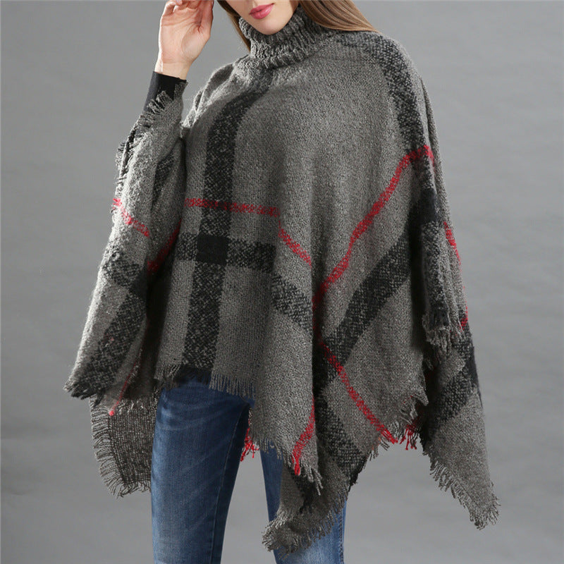 Women's Size Loose Shawl Cloak Turtleneck Plaid Warm Scarfs