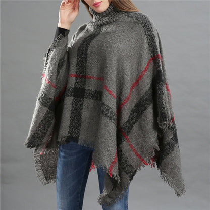 Women's Size Loose Shawl Cloak Turtleneck Plaid Warm Scarfs