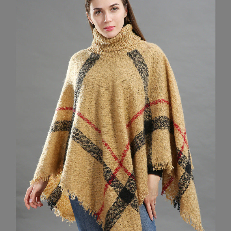 Women's Size Loose Shawl Cloak Turtleneck Plaid Warm Scarfs