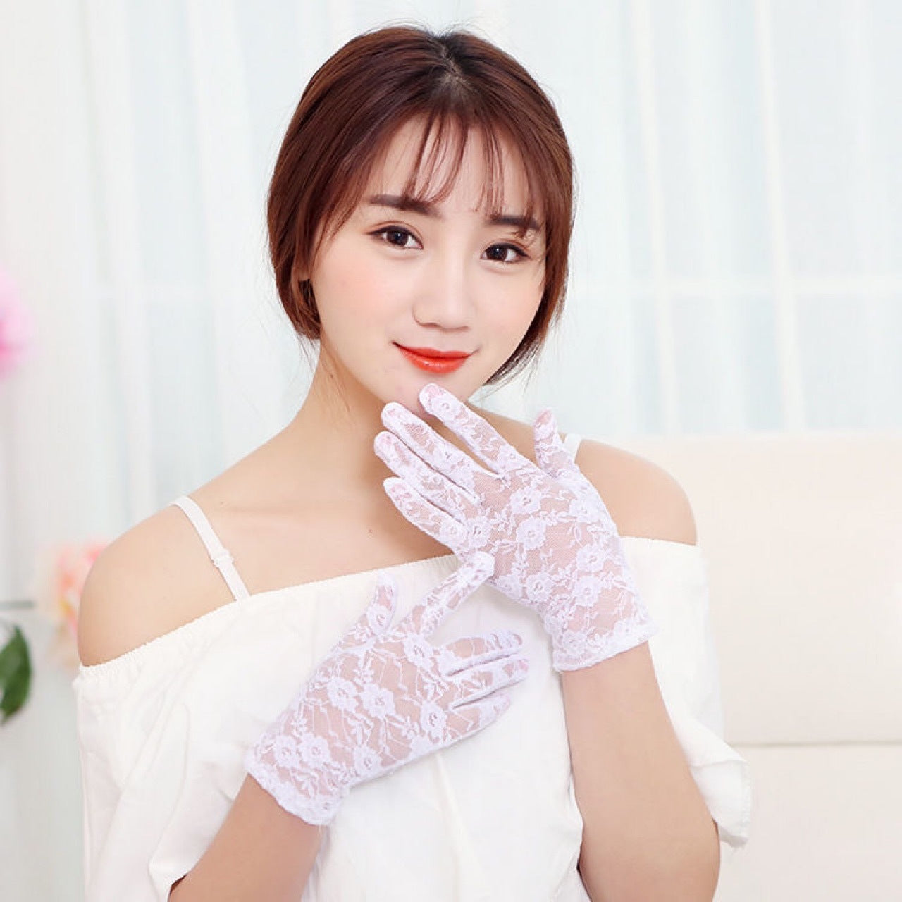 Dress White Long Type Korean Style Elegant Lace Satin Gloves