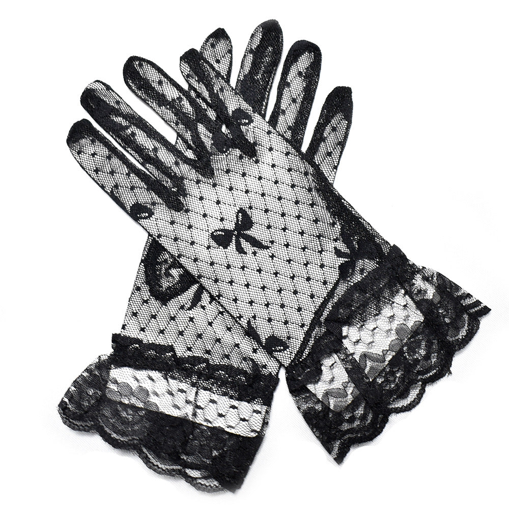 Women's Plaid Gauzy Bowknot Creative Black Lace Gloves