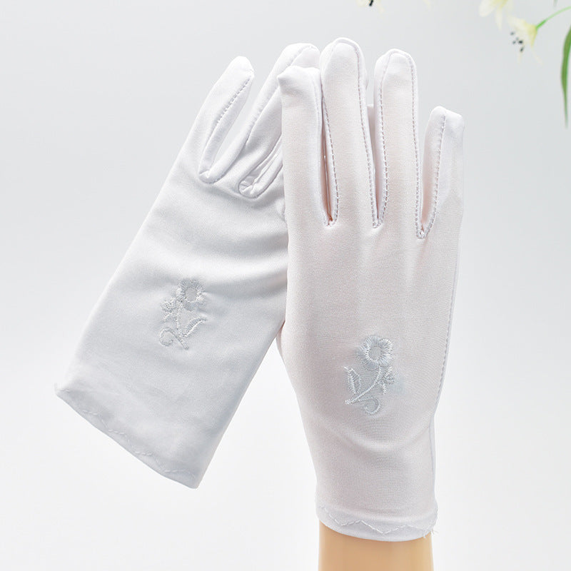 Women's Thin Type Sunscreen Short Embroidered Driving Spandex Stretch Black Gloves