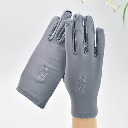 Women's Thin Type Sunscreen Short Embroidered Driving Spandex Stretch Black Gloves