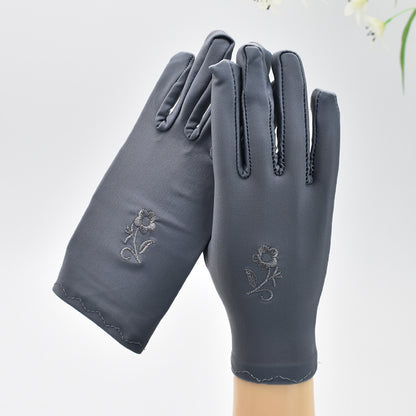 Women's Thin Type Sunscreen Short Embroidered Driving Spandex Stretch Black Gloves