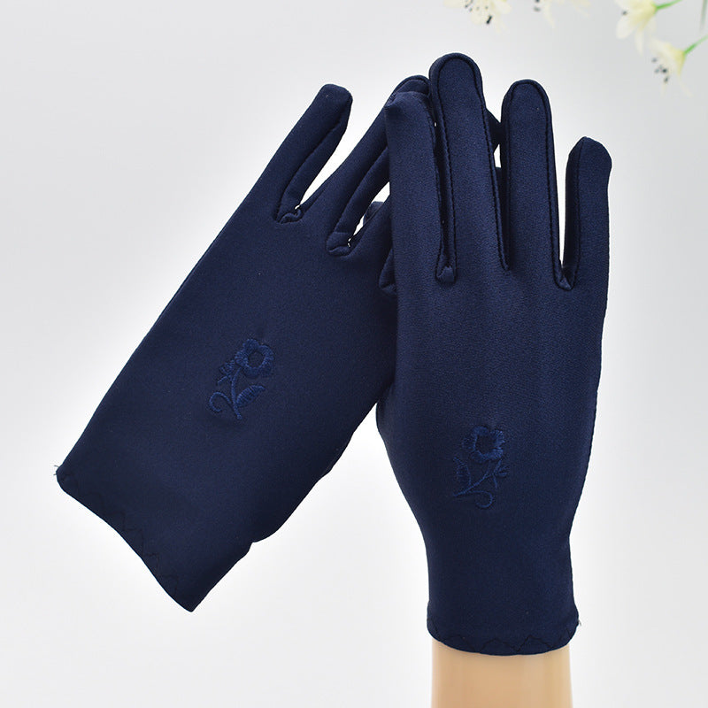 Women's Thin Type Sunscreen Short Embroidered Driving Spandex Stretch Black Gloves