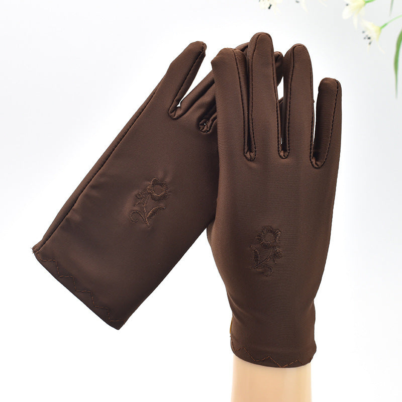 Women's Thin Type Sunscreen Short Embroidered Driving Spandex Stretch Black Gloves