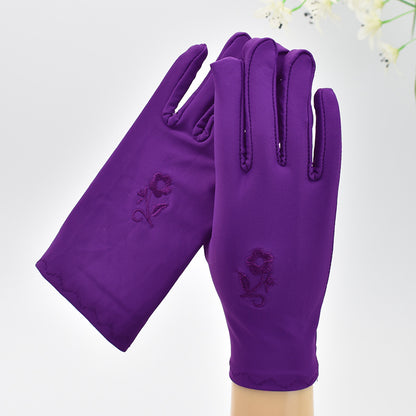 Women's Thin Type Sunscreen Short Embroidered Driving Spandex Stretch Black Gloves