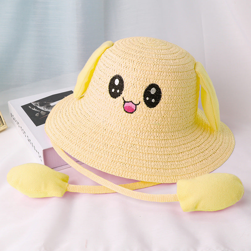 Children's Movable Rabbit Ears Straw Hat Cute Cartoon Summer Kids' Headwear