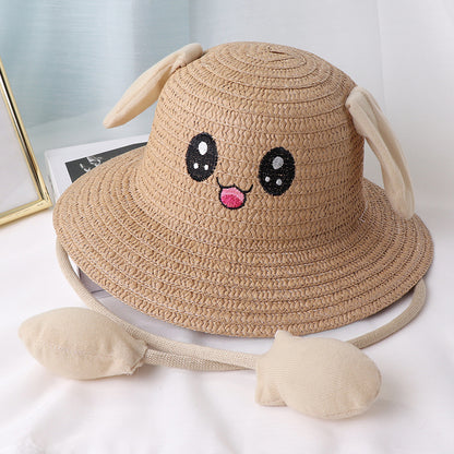 Children's Movable Rabbit Ears Straw Hat Cute Cartoon Summer Kids' Headwear