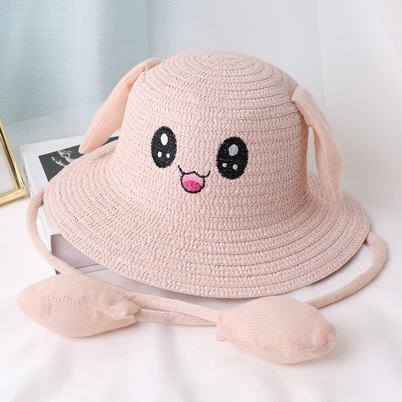 Children's Movable Rabbit Ears Straw Hat Cute Cartoon Summer Kids' Headwear