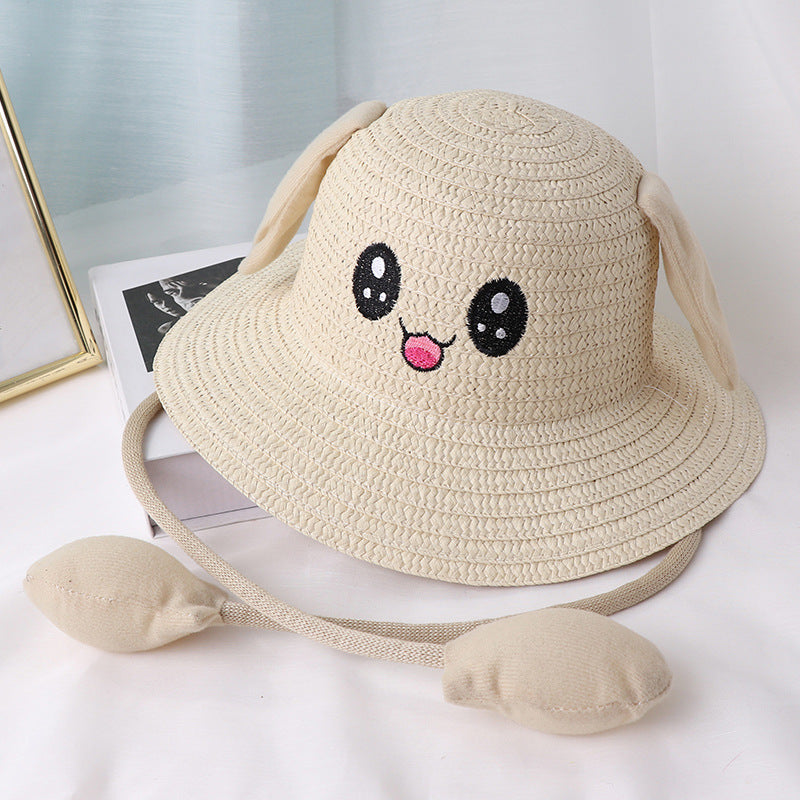 Children's Movable Rabbit Ears Straw Hat Cute Cartoon Summer Kids' Headwear