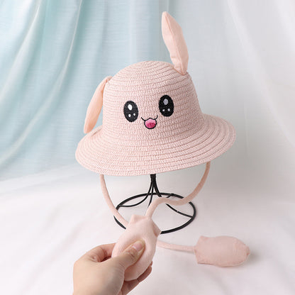 Children's Movable Rabbit Ears Straw Hat Cute Cartoon Summer Kids' Headwear