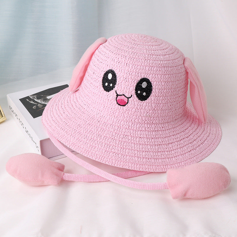 Children's Movable Rabbit Ears Straw Hat Cute Cartoon Summer Kids' Headwear