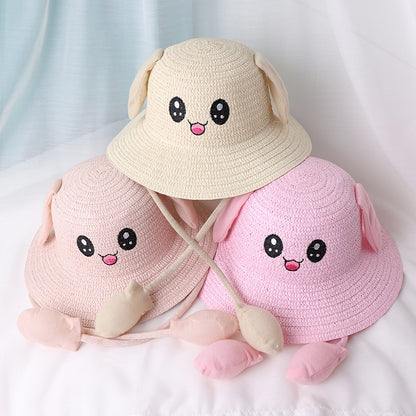 Children's Movable Rabbit Ears Straw Hat Cute Cartoon Summer Kids' Headwear