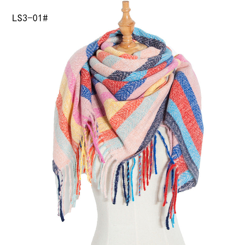 Women's Polyester Wool Long Tassel Plaid Square Scarfs