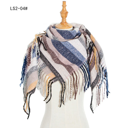 Women's Polyester Wool Long Tassel Plaid Square Scarfs