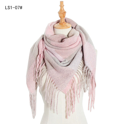 Women's Polyester Wool Long Tassel Plaid Square Scarfs