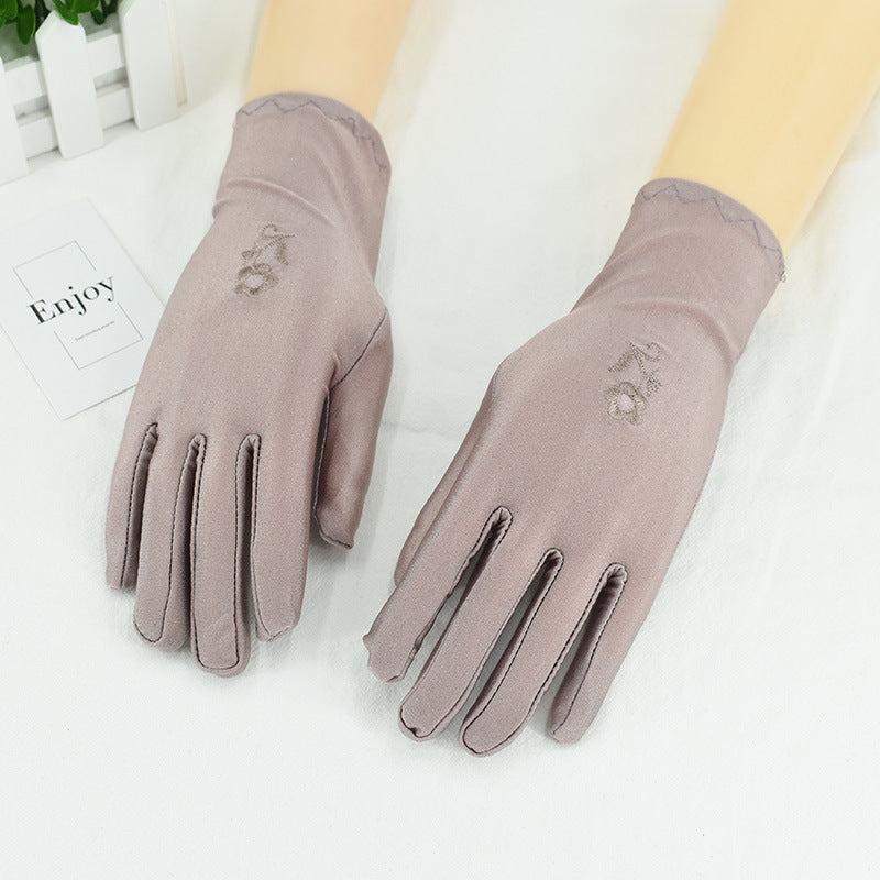 Women's Thin Type Sunscreen Short Embroidered Driving Spandex Stretch Black Gloves