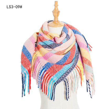 Women's Polyester Wool Long Tassel Plaid Square Scarfs