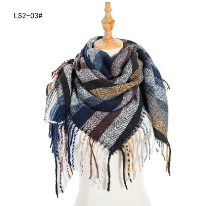 Women's Polyester Wool Long Tassel Plaid Square Scarfs