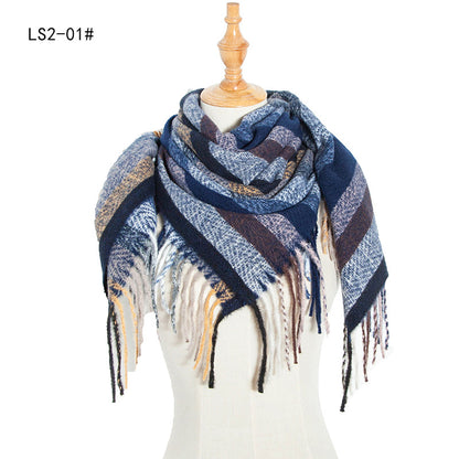 Women's Polyester Wool Long Tassel Plaid Square Scarfs