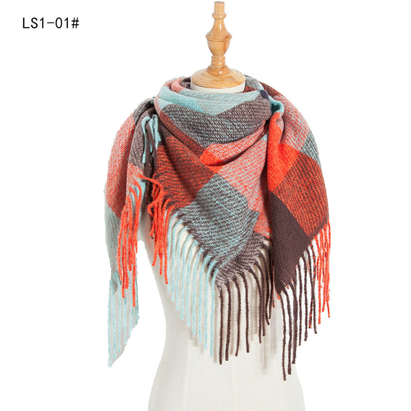 Women's Polyester Wool Long Tassel Plaid Square Scarfs