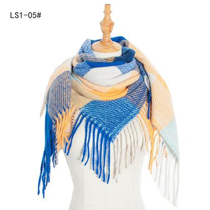 Women's Polyester Wool Long Tassel Plaid Square Scarfs