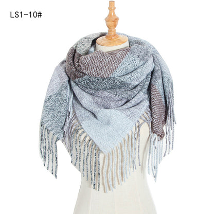 Women's Polyester Wool Long Tassel Plaid Square Scarfs