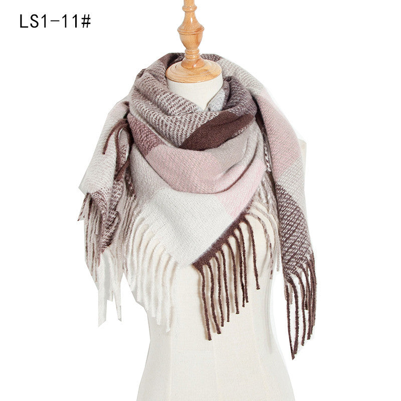 Women's Polyester Wool Long Tassel Plaid Square Scarfs