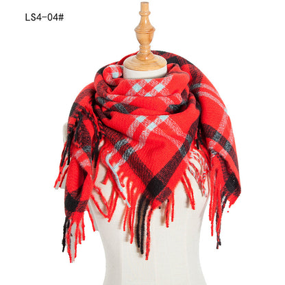 Women's Polyester Wool Long Tassel Plaid Square Scarfs