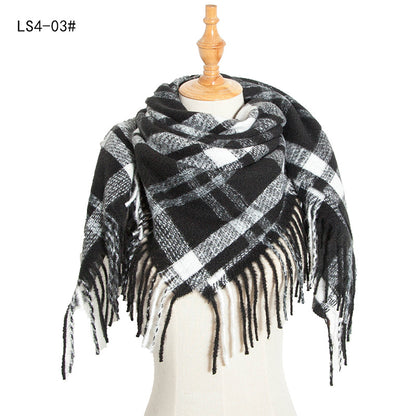 Women's Polyester Wool Long Tassel Plaid Square Scarfs