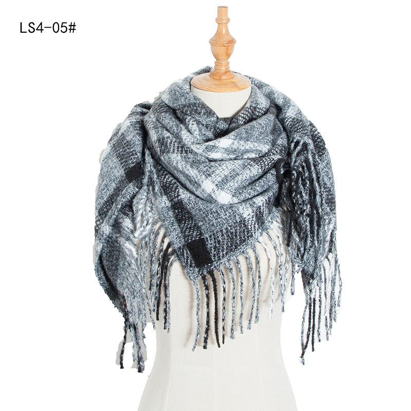 Women's Polyester Wool Long Tassel Plaid Square Scarfs