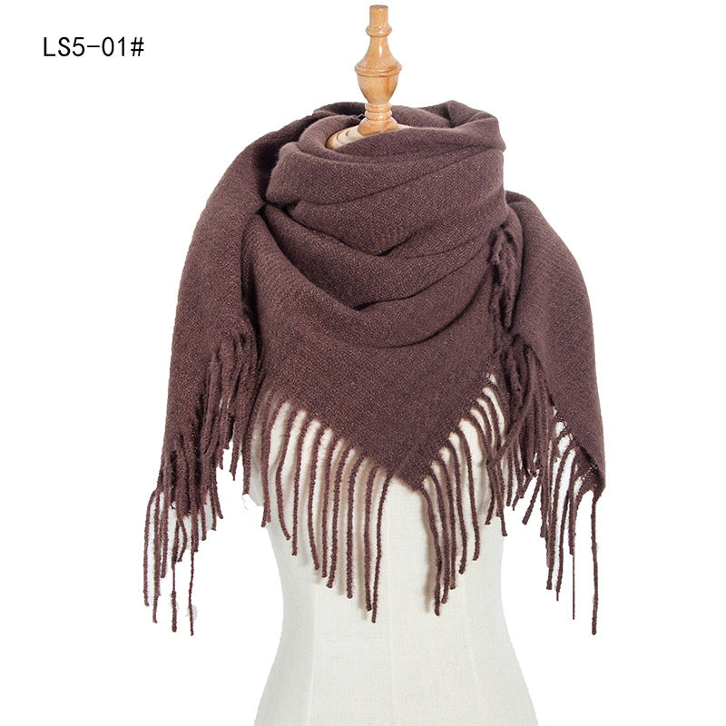 Women's Polyester Wool Long Tassel Plaid Square Scarfs