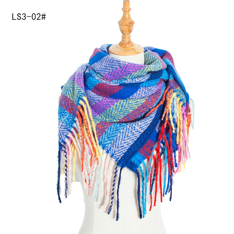 Women's Polyester Wool Long Tassel Plaid Square Scarfs