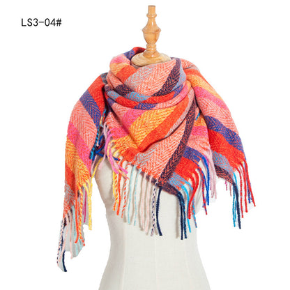 Women's Polyester Wool Long Tassel Plaid Square Scarfs