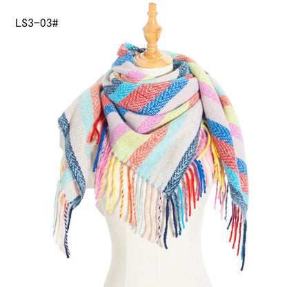 Women's Polyester Wool Long Tassel Plaid Square Scarfs