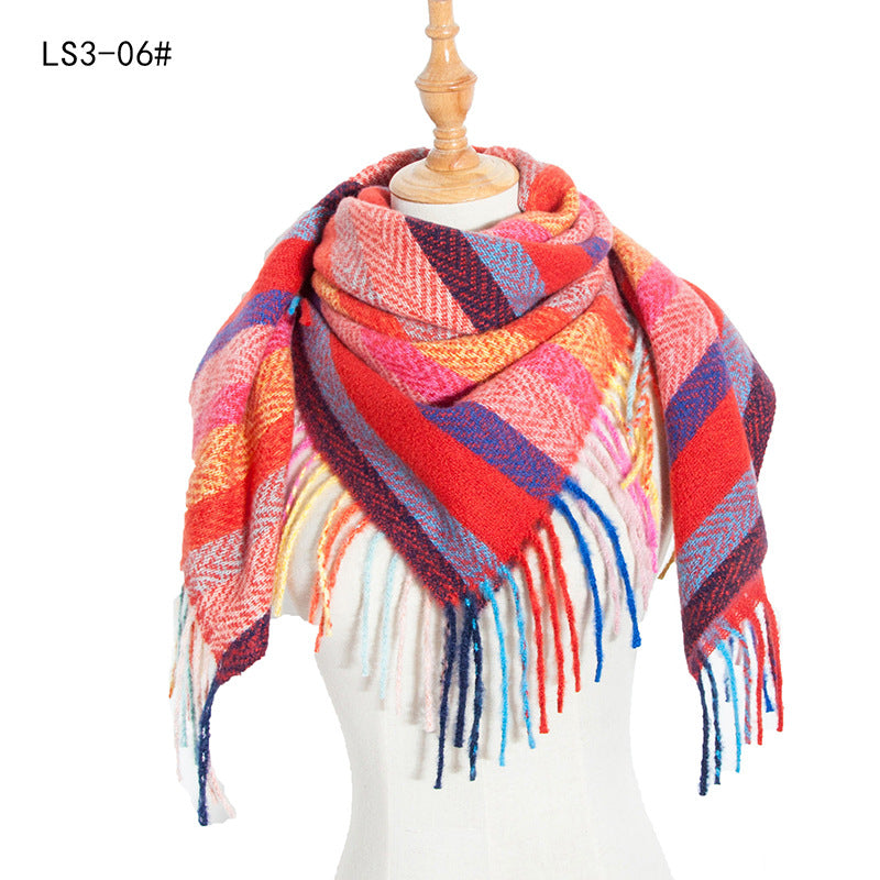 Women's Polyester Wool Long Tassel Plaid Square Scarfs