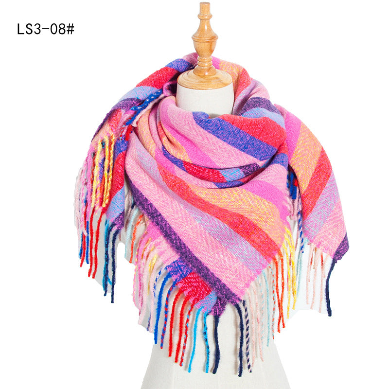 Women's Polyester Wool Long Tassel Plaid Square Scarfs