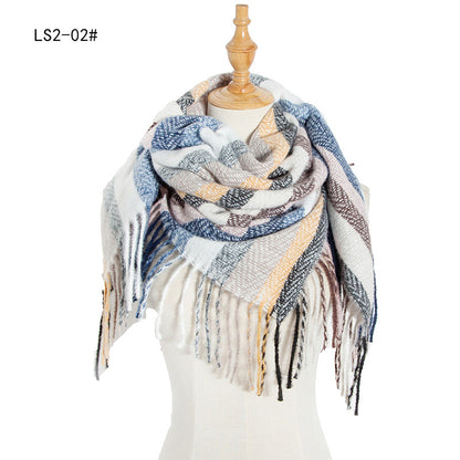 Women's Polyester Wool Long Tassel Plaid Square Scarfs